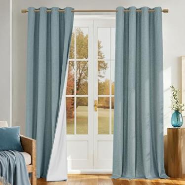 Imagem de PONY DANCE Cortinas blackout completas de linho 228,6 cm de comprimento para sala de estar, cortinas com isolamento térmico 100% preto com revestimento branco para quarto (azul pedra, conjunto de 2