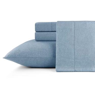 Imagem de Pointehaven Conjunto de lençóis de flanela de cor sólida de algodão escovado 180 g/m2 (jeans mesclado, solteiro)