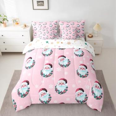 Imagem de Conjunto de cama casal de 7 peças, rosa, Papai Noel, com lençóis, fronhas e capa de almofada, para meninos e meninas, cama de Feliz Natal em um saco, respirável, microfibra macia e floco de neve
