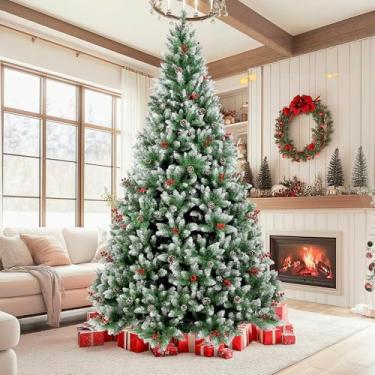 Imagem de Árvore de Natal 2,40m, 1550 Galhos, Arvore de Natal com Ramos com Efeito Gelado, Pinhas Naturais e Cerejas Realistas, Arvore Natal 2,40 Decorada, Arvore de Natal Nevada 2,40