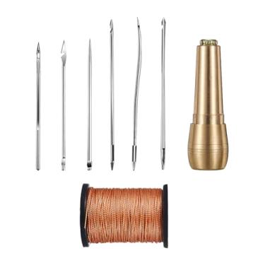 Imagem de GSHLLO 8 peças de furador de costura de couro, kit de agulha de costura manual de 50 m, ferramentas de reparo de sapatos, ferramentas de costura artesanal para assentos de carro, sofá