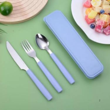 Imagem de Jogo De Talheres Inox Portátil 3 Peças Com Estojo – Talher Reutilizável Para Marmita, Viagem, Escola e Trabalho-Azul