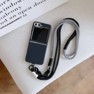 Imagem de Capa protetora para Samsung Galaxy Z Flip6, com estampa simples de couro liso e cordão transversal (para Samsung Galaxy Z Flip6/preto)