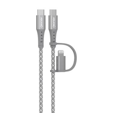 Imagem de Geonav Cabo USB-C modelo 2 em 1 com encaixe para USB-C (tipo C) e para Lightning (iPhones e iPads), 1.5 m, nylon trançado, resistente, carregamento rápido, LC21GR, cinza