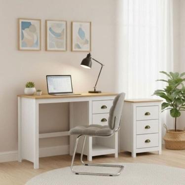 Imagem de Conjunto para Escritório Escrivaninha + Gaveteiro 100% Madeira Maciça - Topázio Finestra Móveis Branco/Freijó