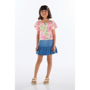 Imagem de Conjunto Blusa e Saia Jeans Menina Quimby, Rosa, 14