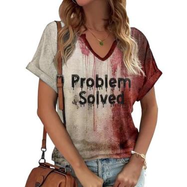 Imagem de Camiseta feminina Earlymemb Bloody Problem Solved com decote em V, out