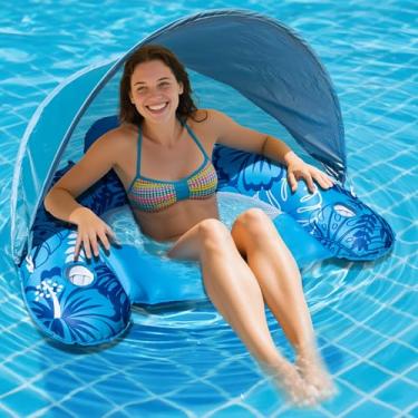 Imagem de Boia inflável coberta de tecido para piscina adulto com proteção solar UPF50+ e suportes de copos, cadeira reclinável para espreguiçadeira de água GG para festa na piscina, praia no lago - azul