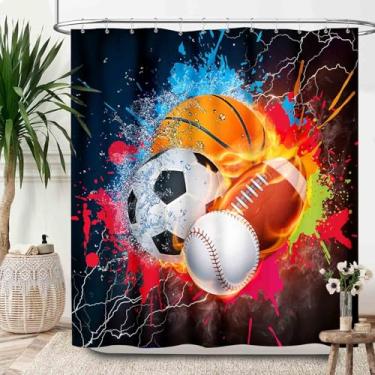 Imagem de Lnepty Cortina de chuveiro esportiva para banheiro, estampa de grafite colorido, hip hop, basquete, beisebol, futebol americano, tecido impermeável, conjunto de cortina de banheiro com ganchos, 182 x