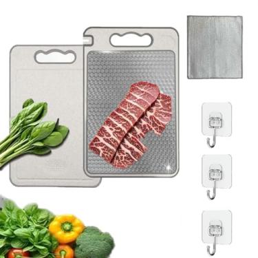 Imagem de Tábua de corte de dupla face de aço inoxidável 304 e palha de trigo, manuseia carne e legumes separadamente, pode ser lavada na máquina de lavar louça, Inclui Três Ganchos e Um Pano