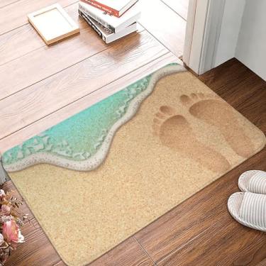 Imagem de Jfniub Tapete de banho de verão pegadas de praia na areia macia pelo mar impressão 3D tapetes de banheiro de secagem rápida antiderrapante absorvente tapete de flanela para banheiro, banheira, pia,