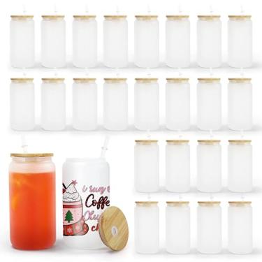 Imagem de AGH Pacote com 50 473 ml Vidro de sublimação fosco com tampas e canudos de bambu Sublimação Copos de lata de cerveja Copos de vidro sem BPA Adequado para café gelado, suco de frutas, uísque, refrigerante