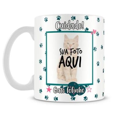 Imagem de Caneca Personalizada Cuidado! Gato Fofinho com 2 Fotos - Amo Canecas