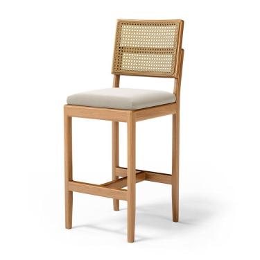 Imagem de Banqueta Milena Madeira Maciça Assento Estofado Encosto De Tela Palha Sextavada