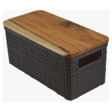 Imagem de Caixa Organizadora 7,4 Litros Decorativo Luxo Cesto Juta Com Tampa Madeira TecaAlongada Decoração Nitron Chic Ambiente