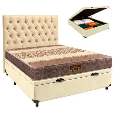 Imagem de Conjunto Cama Box Bau Bege Casal + Colchão D26 Ortophedic Sankonfort + Cabeceira