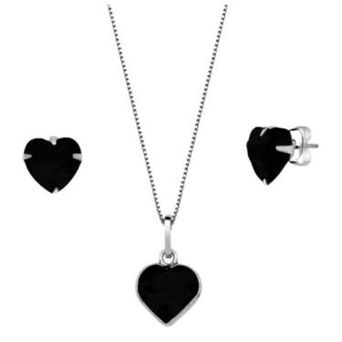 Imagem de Colar Brinco Infantil Coração Zirconia Prata 925 preto - Lojas La+Ny, 