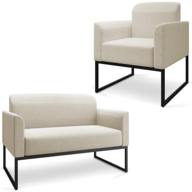 Imagem de Conjunto Namoradeira e Poltrona Decorativa Isabella Base Industrial Linho Bege/Preto - Gran Belo