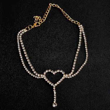 Imagem de Tornozeleiras de coração de cristal em camadas para mulheres, banhado a ouro, strass, gota de água, borla, corrente de tênis, joias delicadas para os pés, férias de verão, estilo moderno, acessórios