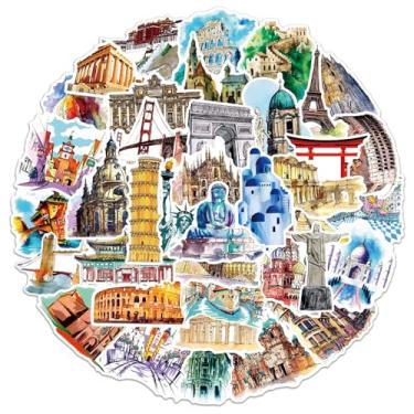 Imagem de Adesivo de viagem de 50 peças, adesivo de viagem com pontos turísticos mundialmente famosos, acessórios de adesivos de scrapbook, adesivo de decoração cottagecore para caderno de diário, álbum de