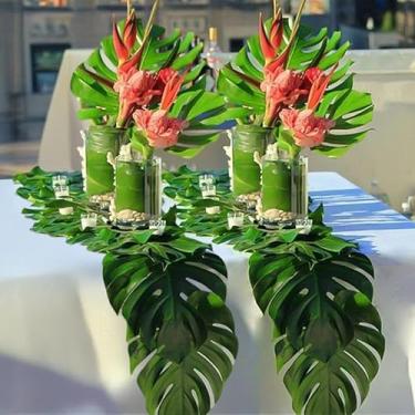 Imagem de 6 pçs/conjunto Havaí folha de palmeira artificial tartaruga folha verde falsa planta selva praia tema casamento festa aniversário decoração de mesa (P,15 * 11,5 cm)