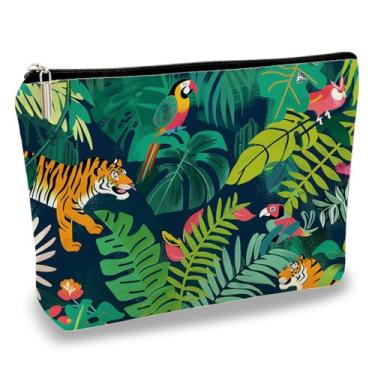 Imagem de Bolsa de maquiagem de tigre e papagaio com tema de selva tropical, bolsa cosmética, adequada para viagens diárias e viagens, tema animal, presente para amigos, organizador de maquiagem durável com