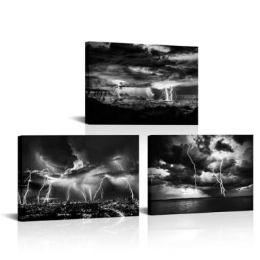 Imagem de Biuteawal 3 painéis, relâmpago, tempestade, arte de parede, pintura em preto e branco, natureza, paisagem, foto giclée, impressão giclée, para casa, escritório, decoração de caverna, emoldurada