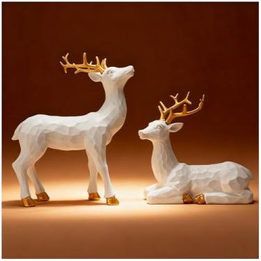 Imagem de Enfeites de veado simulados para decoração de Natal, 2 peças de enfeites de veado de resina geométrica facetada, decoração de casa, enfeites de Natal (branco)
