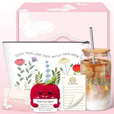 Imagem de Presentes para professores, itens essenciais para professores com copo de vidro de 473 ml com tampa, bolsa de maquiagem, notas adesivas, presentes de aniversário para mulheres, colegas de trabalho
