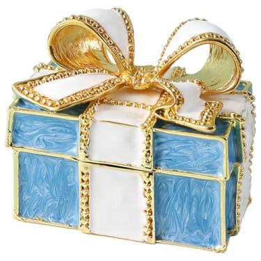 Imagem de Toyosport Pequena caixa de presente de joias para colar, brincos, pulseira, presentes femininos, design de laço de liga, padrão de grade azul e branco, brilho metálico, artesanato esmaltado requintado