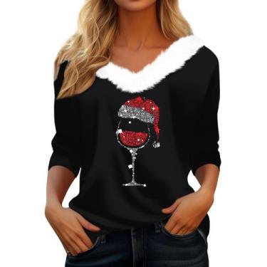 Imagem de Suéter de Natal COTECRAM feminino plus size com decote em V preto