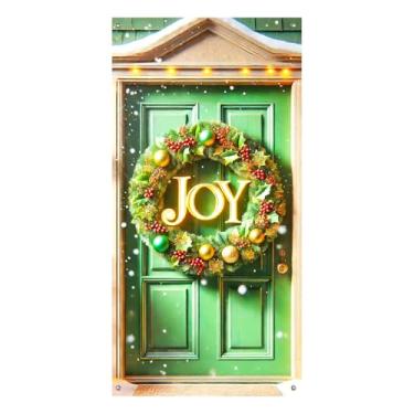 Imagem de BlissYard Capa de porta de Natal, 89 x 188 cm, faixa de guirlanda de alegria, decoração de férias, decoração de Natal, enfeite de entrada em ouro verde, vermelho, cenário festivo para pendurar na