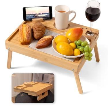 Imagem de Lavievert Bandeja de braço 2 em 1 para cama e sofá, mesa lateral de bambu com clipe de sofá com suporte giratório de 360°, bandeja portátil para servir café da manhã com suporte de copo e pernas