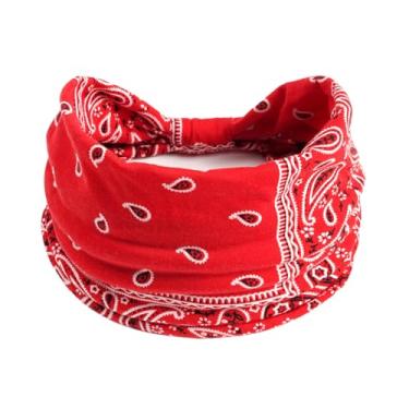 Imagem de Bandanas Boho para mulheres, faixa de cabeça africana larga grande estilo paisley, elástica, antiderrapante, para suor, ioga, corrida, esportes, acessórios de cabelo (vermelho)