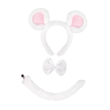 Imagem de oshhni Conjunto de tiara com orelhas de rato, rabo e laço para festas temáticas, bailes de formatura e bailes de máscaras, Branco