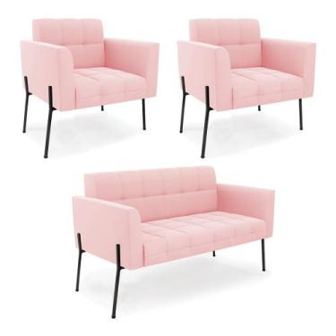 Imagem de Sofá Namoradeira e 2 Poltronas Pé de Ferro Preto Elisa Suede Rosa Bebê