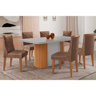 Imagem de Sala Jantar Mesa Pilar Curvo 180cm + 6 Cadeiras Pietá Madeira Naturale/Off White - Capuccino/Corano Capuccino - Rufato