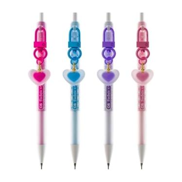 Imagem de Kit 4 Lapiseiras 0.7mm CiS Coração com Borracha e Pingente Conjunto Escolar Colorido Fofo Grafite
