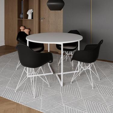 Imagem de Mesa Industrial Jantar Redonda Branca 110Cm Base V Com 4 Poltronas Daw Pretas Ferro Bra Branco