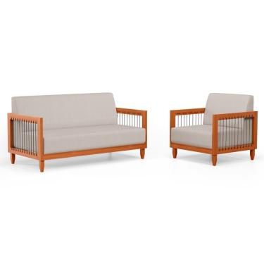 Imagem de Kit Poltrona E Sofá Varanda Samoa Madeira Maciça Com Cordas Náutica Linho Rústico Areia - Abmaza