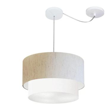 Imagem de Lustre Pendente Duplo Cilíndrico Com Desvio Vivare Md-4364 Cúpula Em Tecido 40x35cm - Bivolt Linho-bege-branco 127/220v