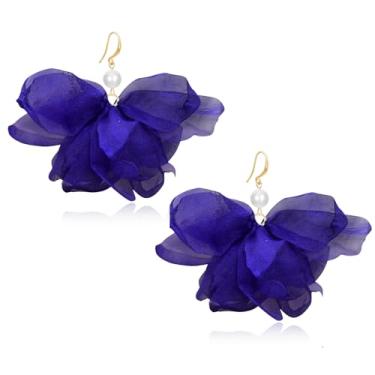 Imagem de unixmoment Brincos femininos com pingente de franja floral de tecido pérola grande boêmio feito à mão, Large, Tecido, Sem pedra preciosa