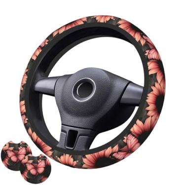 Imagem de Capa de volante de borboleta de girassol rosa com 2 porta-copos de carro antiderrapante de neoprene para mulheres e homens, conjunto universal de 38 cm, elegante e prático