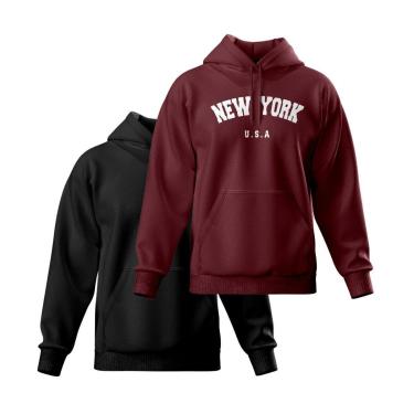 Imagem de Kit 2 Moletom Modelo Canguru Com Capuz Masculino e Feminino Liso e Estampado New York-Masculino