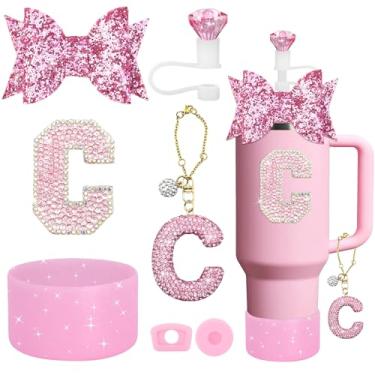 Imagem de YesMvpMvp Conjunto de acessórios de copo Stanley de 7 peças, pingente de letra para copos Stanley, incluindo canudo de diamante, canudo de laço, bota de silicone brilhante para Owala 850 g e 1,134 g