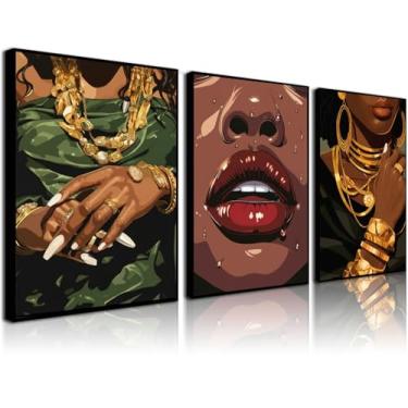 Imagem de Conjunto de arte de parede em tela, 3 peças, pinturas de joias femininas afro-americanas, modernas, acessórios dourados, pôster, impressões, fotos, fotos, galeria de moda, arte para sala de estar