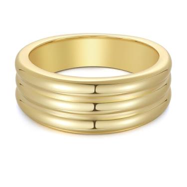 Imagem de Aurelia Mae Anel feminino grosso | Anel de empilhamento de três linhas de ouro largo, Latão, Sem pedra preciosa