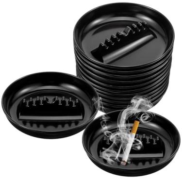 Imagem de 12 bandejas de cinzeiro de plástico, grande redondo 17,3 cm conjuntos de cinzeiro vintage para fumantes ao ar livre, interior, casa, escritório, pátio, bar, restaurante, mesa (preto)