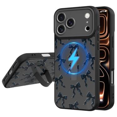 Imagem de Fiyart Capa projetada para iPhone 17 Pro Max com alça de pulso, lindo laço moderno para mulheres e meninas, padrão de laços de fita de ajuste fino compatível com Magsafe TPU rígido PC traseiro à prova