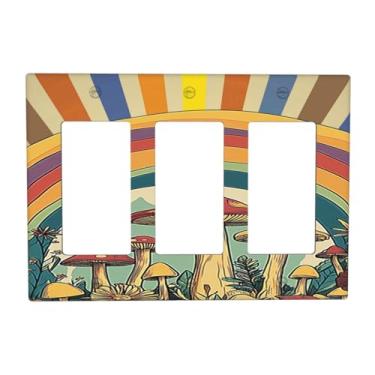 Imagem de VGHOKO Capas de tomada decorativas com cores de arco-íris de cogumelo fantasia e design retrô placa de parede de 3 grupos capa de interruptor de luz tripla para decoração de sala de jogos